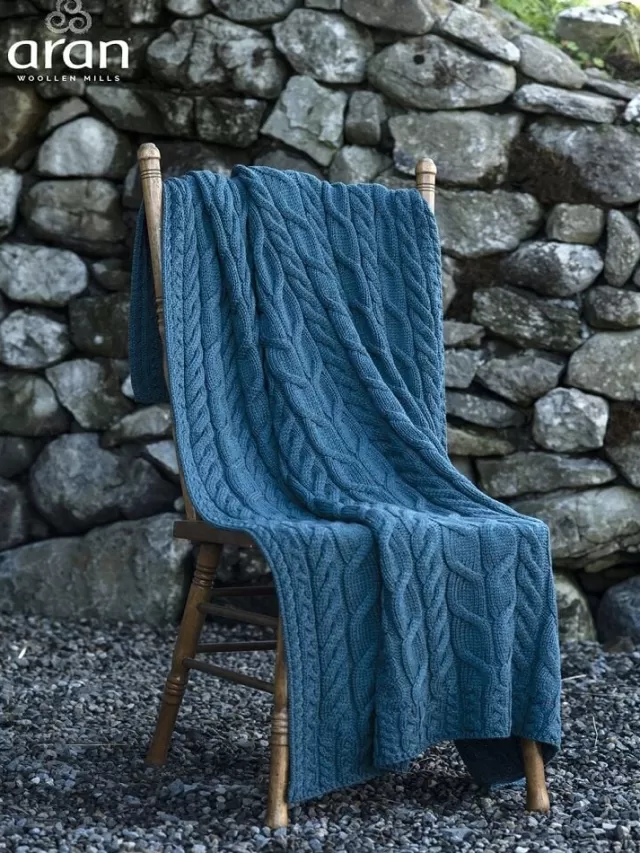 Sweater Shop Aran Cable Knit Blanket Super Soft Merino Ocean Blue