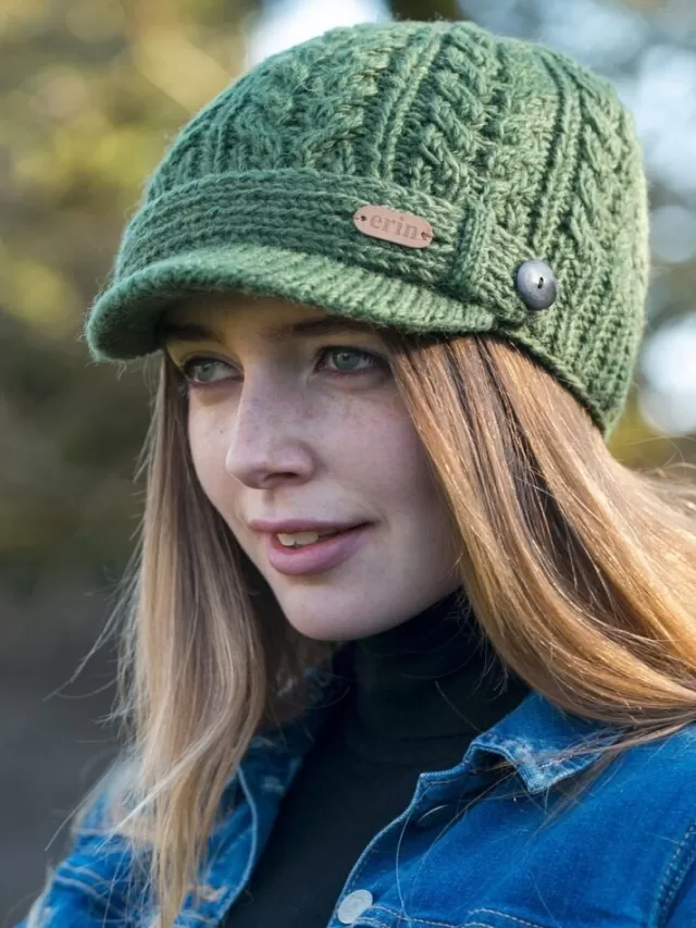 Sweater Shop Aran Cable Knit Peak Hat Green