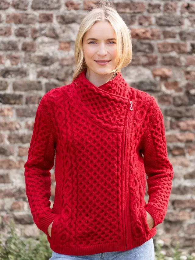 Women Sweater Shop Aran Cable Knit Side Zip - Raspberry