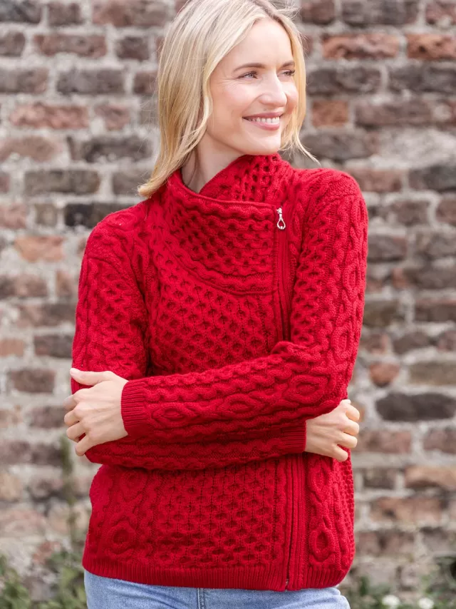 Women Sweater Shop Aran Cable Knit Side Zip - Raspberry