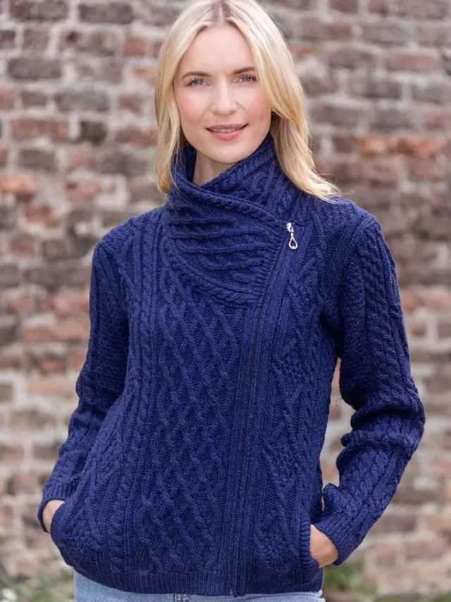 Women Sweater Shop Aran Cable Knit Side Zip Deep Water Blue