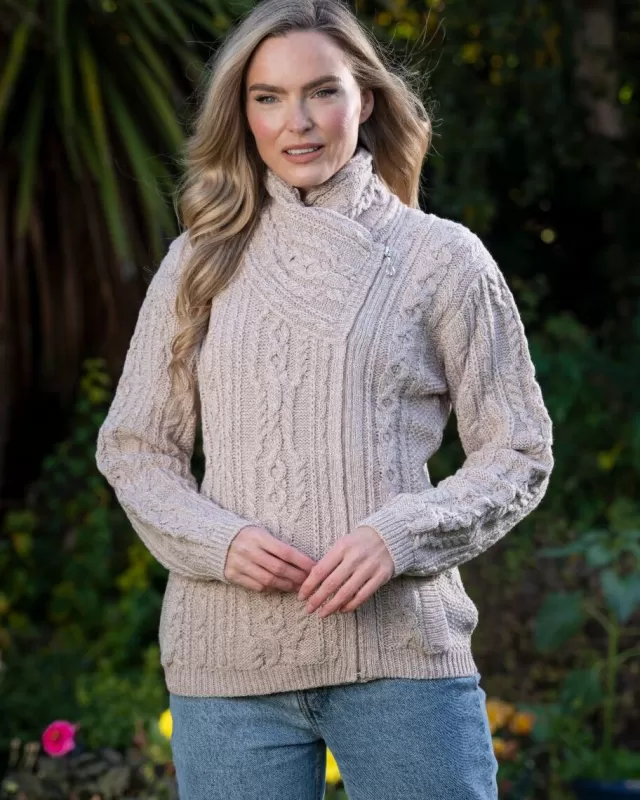 Women Sweater Shop Aran Cable Knit Side Zip Parsnip