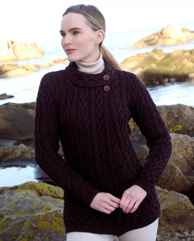 Women Sweater Shop Aran Cardigan with Side Buttons Damson