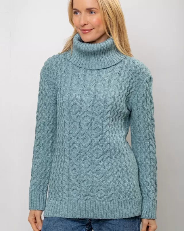 Women Sweater Shop Aran Cowl Neck Merino Wool Aqua