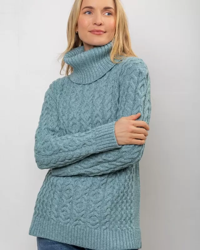 Women Sweater Shop Aran Cowl Neck Merino Wool Aqua