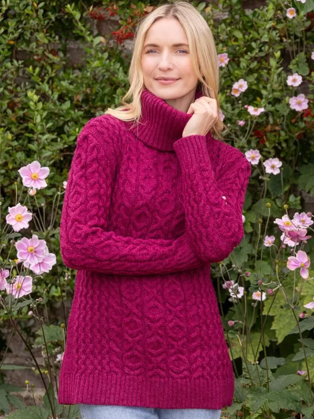 Women Sweater Shop Aran Cowl Neck Merino Wool Raspberry