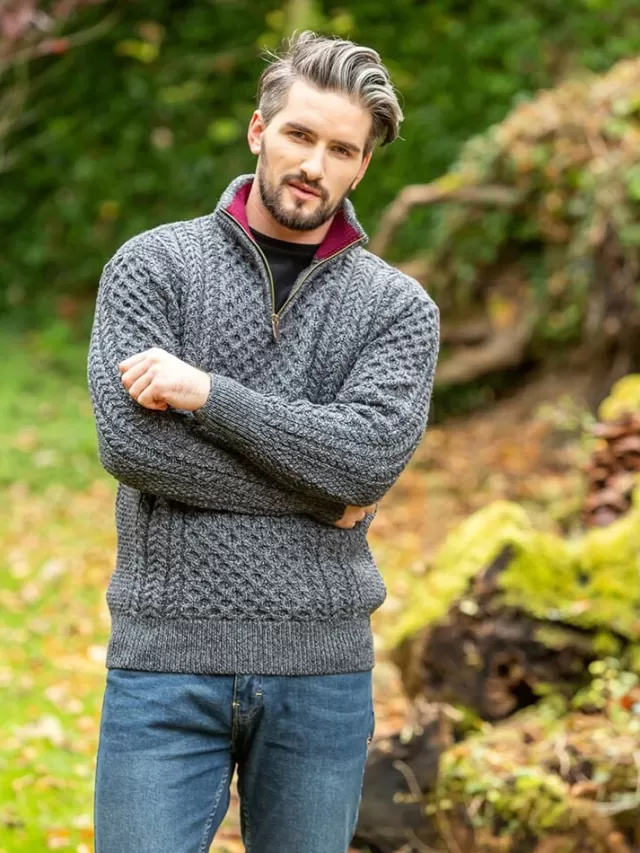 Sweater Shop Aran Half Zip Sweater - 2507 Slate with wine collar