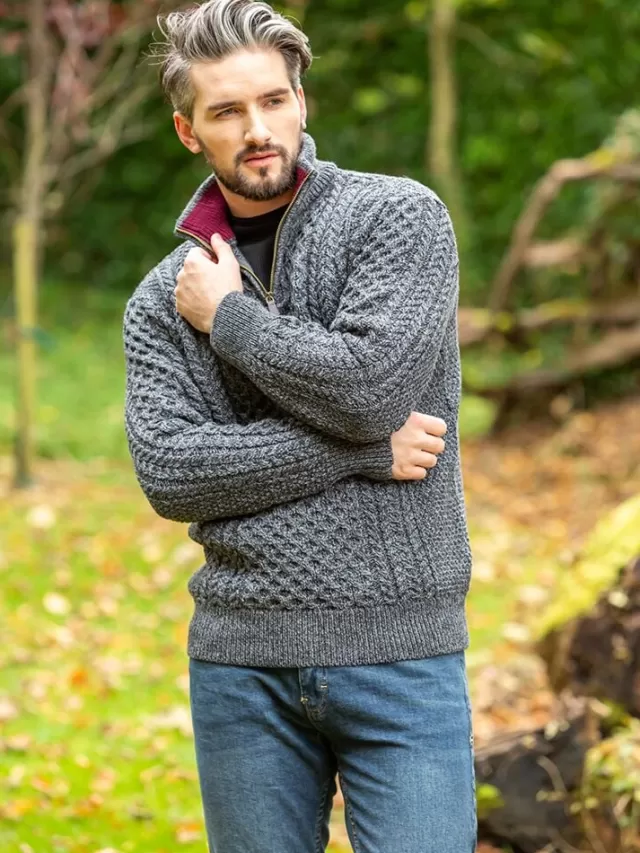 Sweater Shop Aran Half Zip Sweater - 2507 Slate with wine collar