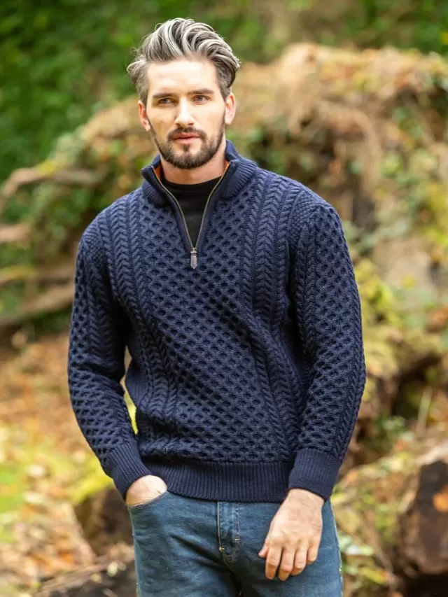 Sweater Shop ARAN HALF ZIP SWEATER 2507- Navy with Terracotta collar