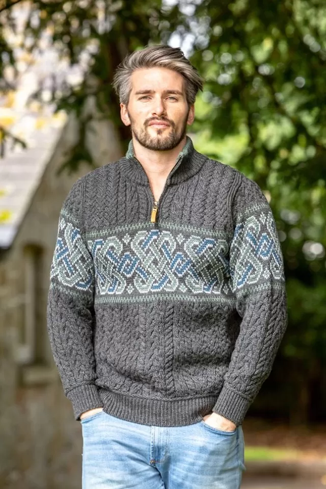 Sweater Shop Aran Half Zip Sweater with Celtic Design