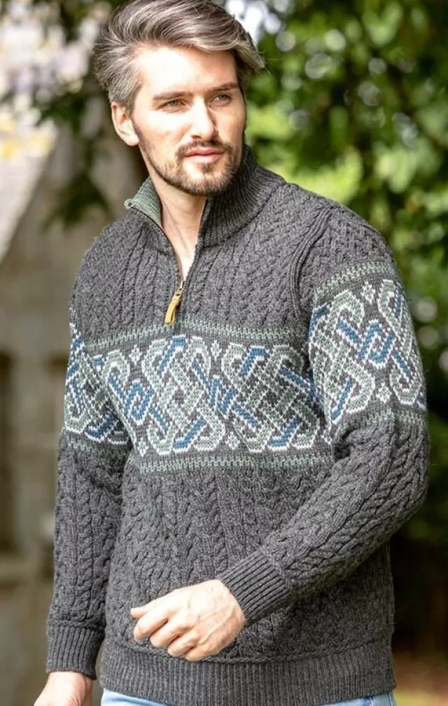 Sweater Shop Aran Half Zip Sweater with Celtic Design