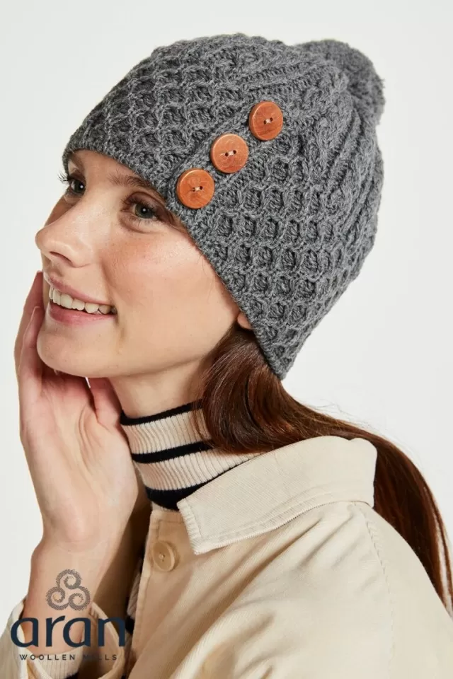 Women Sweater Shop Aran Hat with Pom Pom - Charcoal