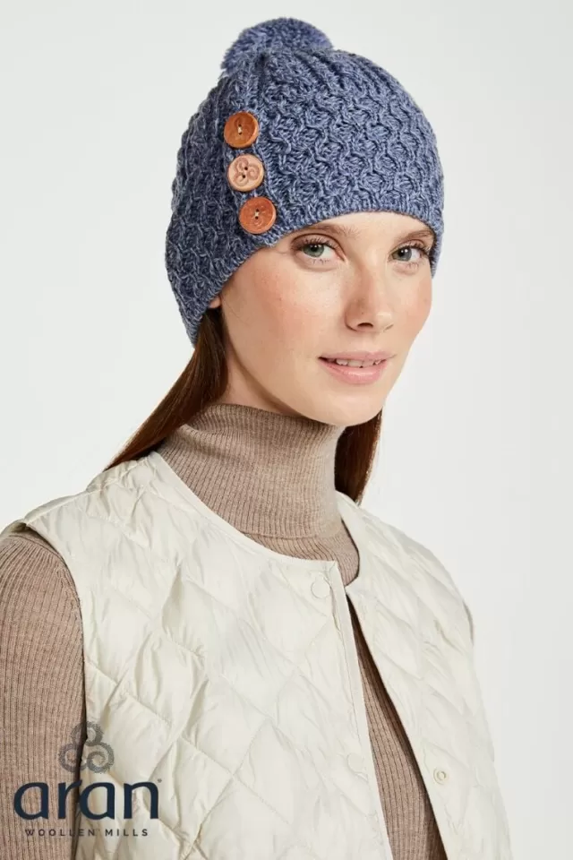 Women Sweater Shop Aran Hat with Pom Pom - Denim