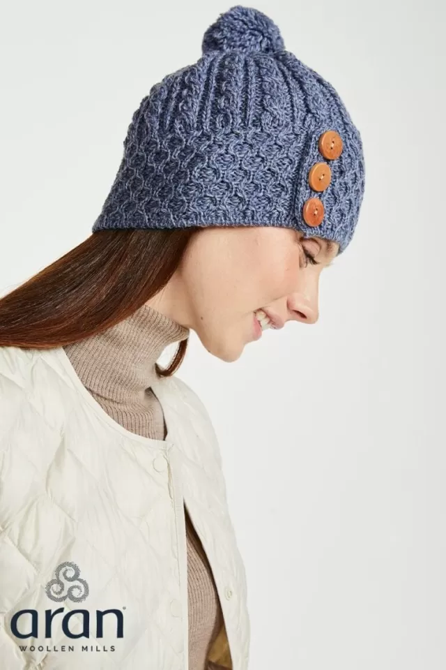 Women Sweater Shop Aran Hat with Pom Pom - Denim