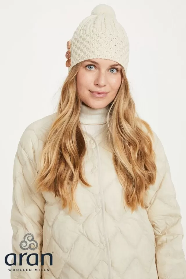 Women Sweater Shop Aran Hat with Pom Pom - Natural