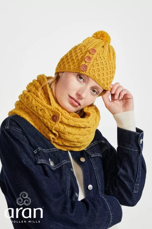 Women Sweater Shop Aran Hat with Pom Pom - Yellow