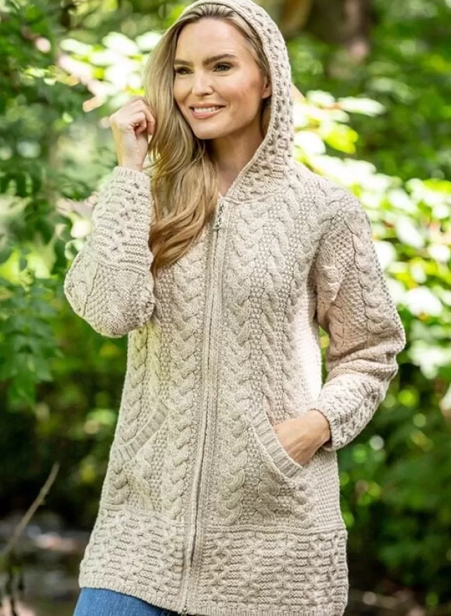 Women Sweater Shop Aran Hooded Coat with Celtic Knot Zipper