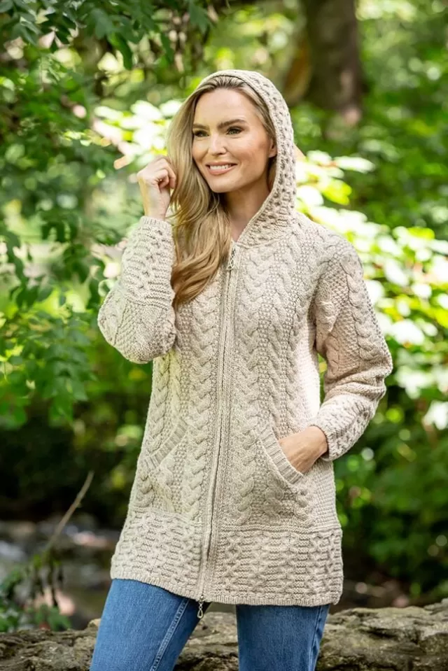 Women Sweater Shop Aran Hooded Coat with Celtic Knot Zipper