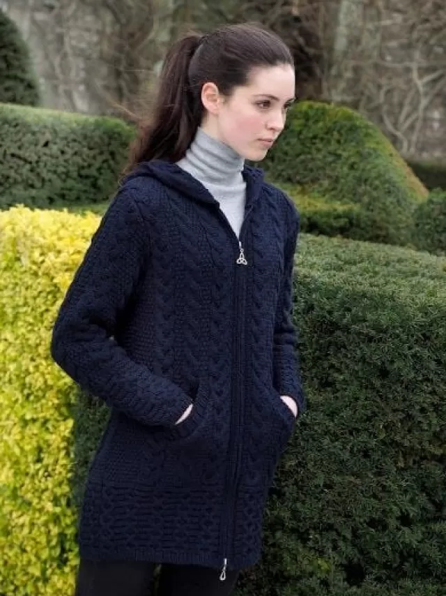 Women Sweater Shop Aran Hooded Coat with Celtic Zipper Navy