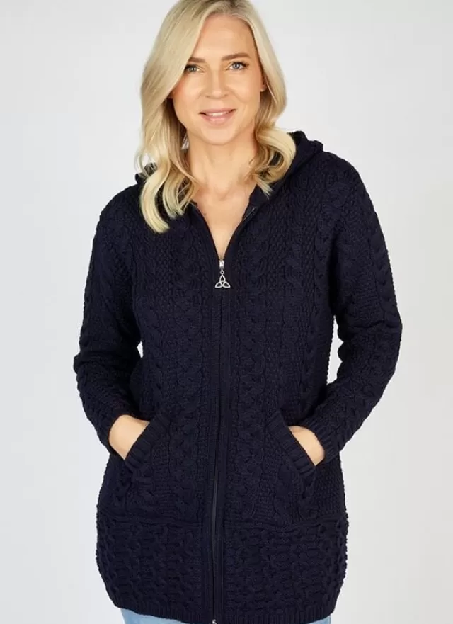 Women Sweater Shop Aran Hooded Coat with Celtic Zipper Navy