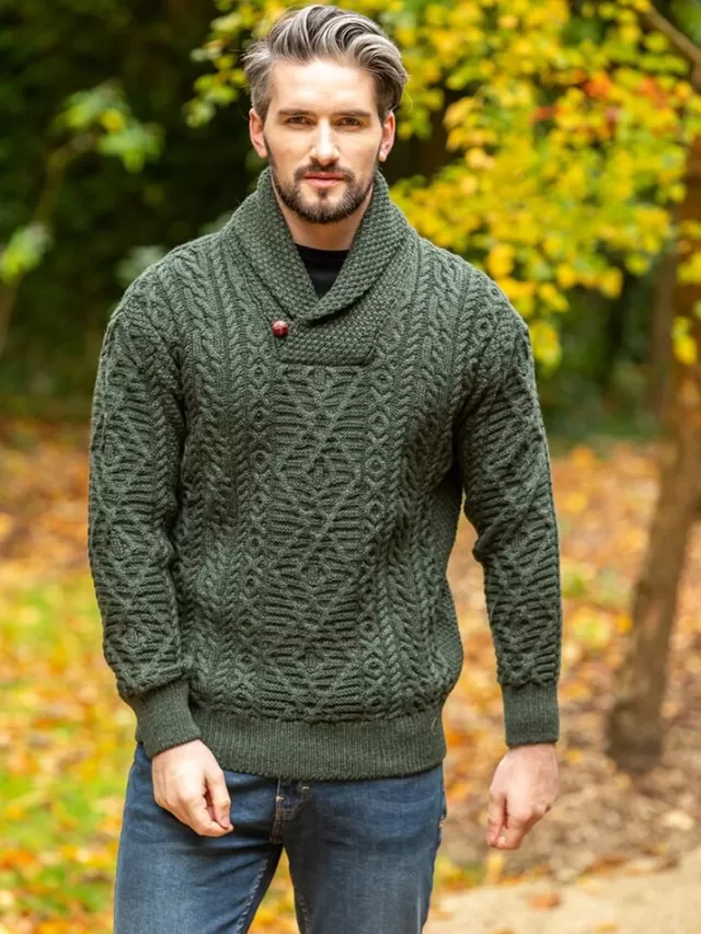 Sweater Shop Aran Shawl Neck Sweater Army Green