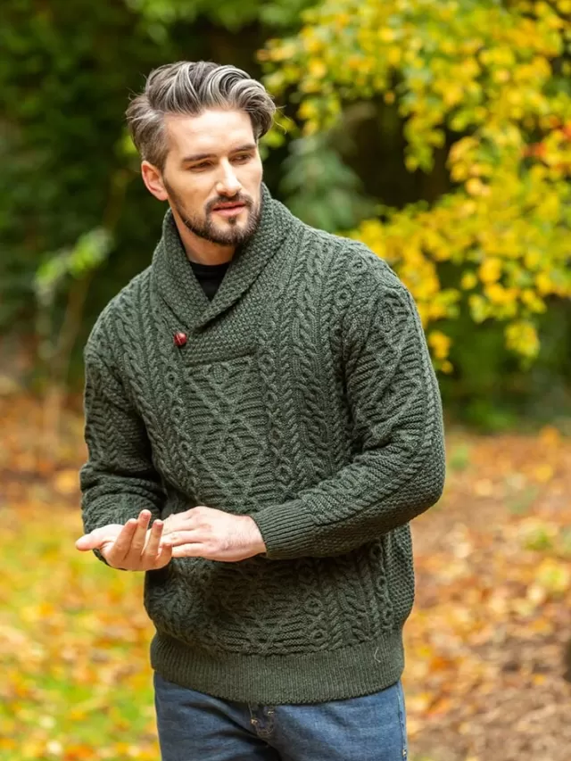 Sweater Shop Aran Shawl Neck Sweater Army Green