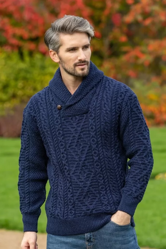 Sweater Shop Aran Shawl Neck Sweater Deep Water Blue