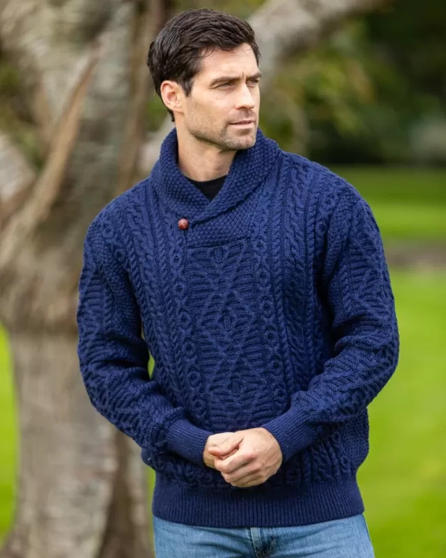 Sweater Shop Aran Shawl Neck Sweater Deep Water Blue