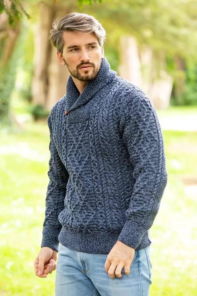 Sweater Shop Aran Shawl Neck Sweater Denim