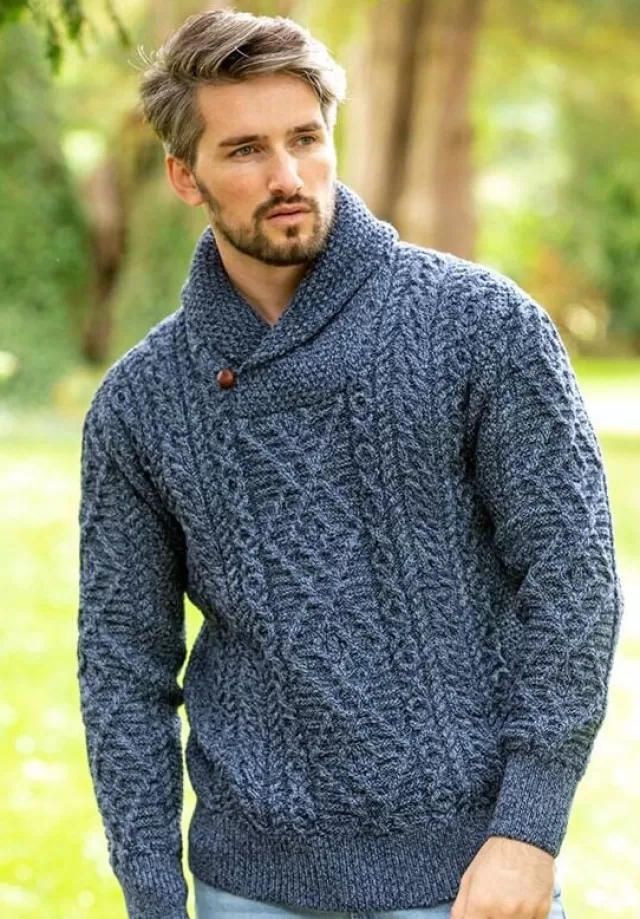 Sweater Shop Aran Shawl Neck Sweater Denim