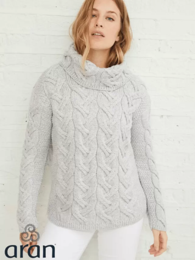 Women Sweater Shop Aran Super Soft Chunky Cowl Neck Light Silver