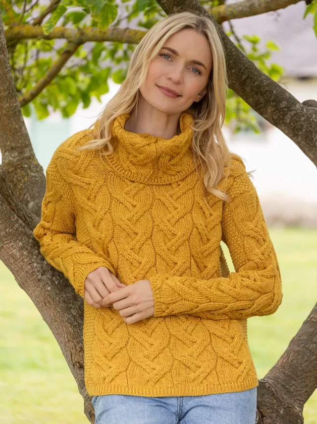 Women Sweater Shop Aran Super Soft Cowl Neck Sweater Sunshine