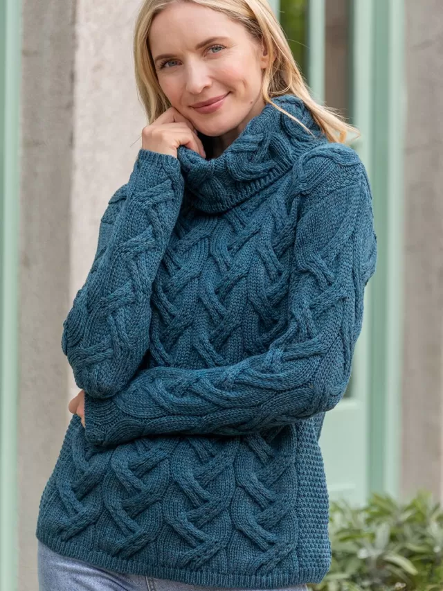 Women Sweater Shop Aran Super Soft Cowl Neck Sweater Teal