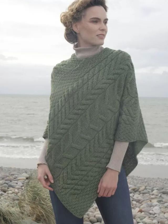 Women Sweater Shop Aran Super Soft Poncho Green