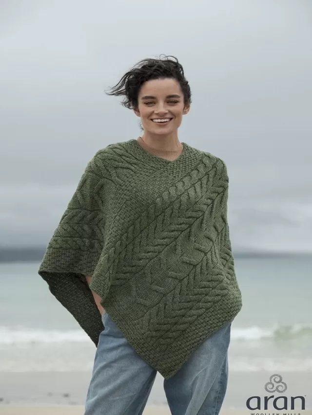 Women Sweater Shop Aran Super Soft Poncho Green