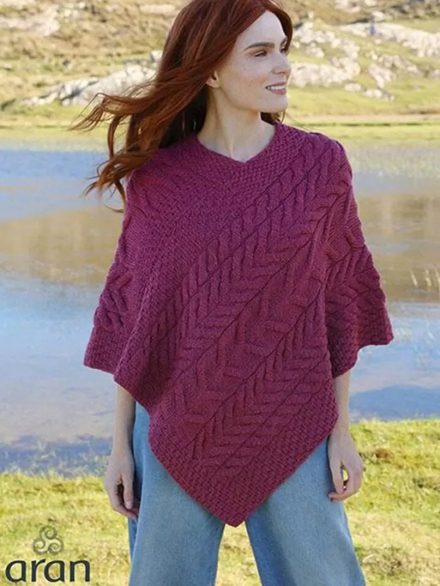 Women Sweater Shop Aran Super Soft Poncho Raspberry