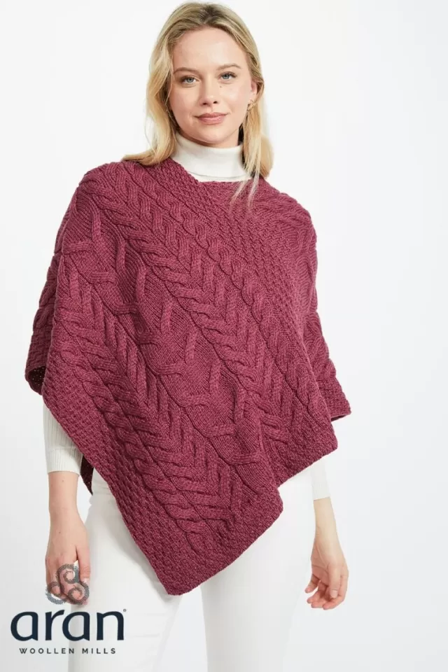 Women Sweater Shop Aran Super Soft Poncho Raspberry