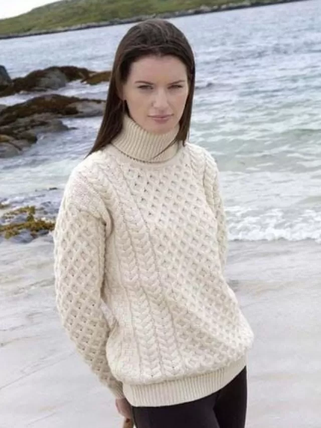 Women Sweater Shop Aran Turleneck Sweater 100% Merino Wool