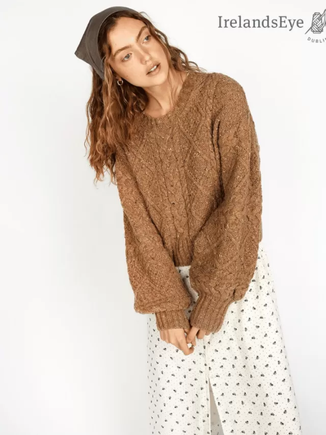 Women Sweater Shop Cable Knit Cropped Crew Neck Sweater Biscuit