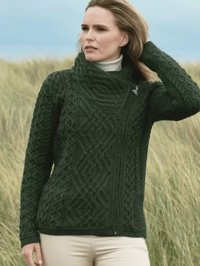 Women Sweater Shop Cable Knit Side Jacket Green