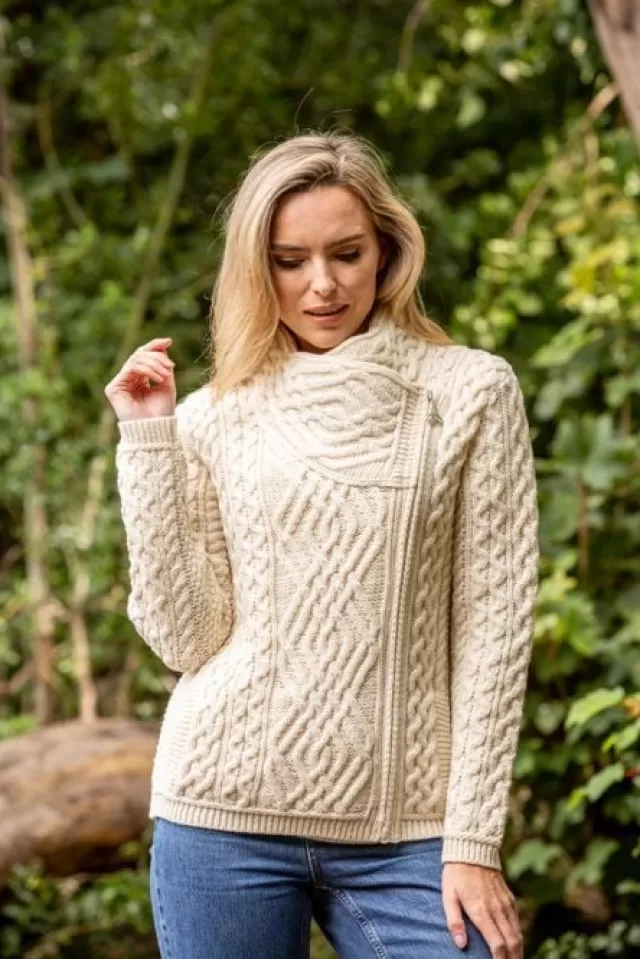 Women Sweater Shop Cable Knit Side Zip Cardigan Natural