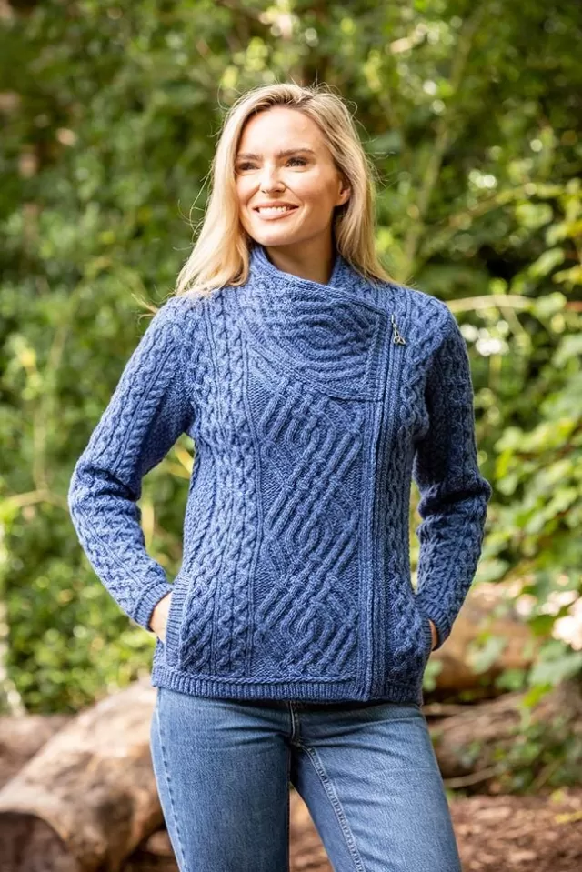 Women Sweater Shop Cable Knit Side Zip Cardigan Royal Blue