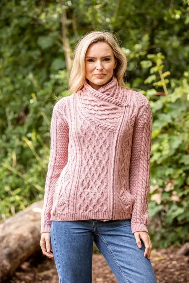 Women Sweater Shop Cable Knit Side Zip Pink