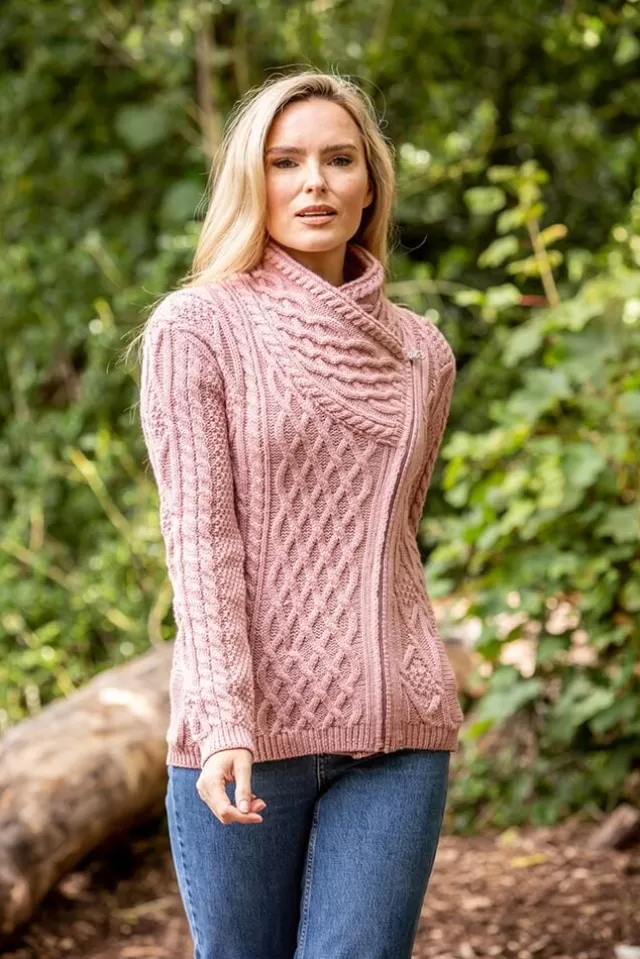 Women Sweater Shop Cable Knit Side Zip Pink