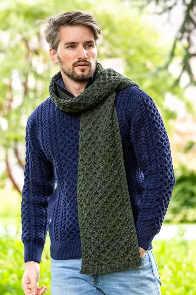 Sweater Shop Cable Knit Unisex Scarf Army Green - 100% Merino Wool