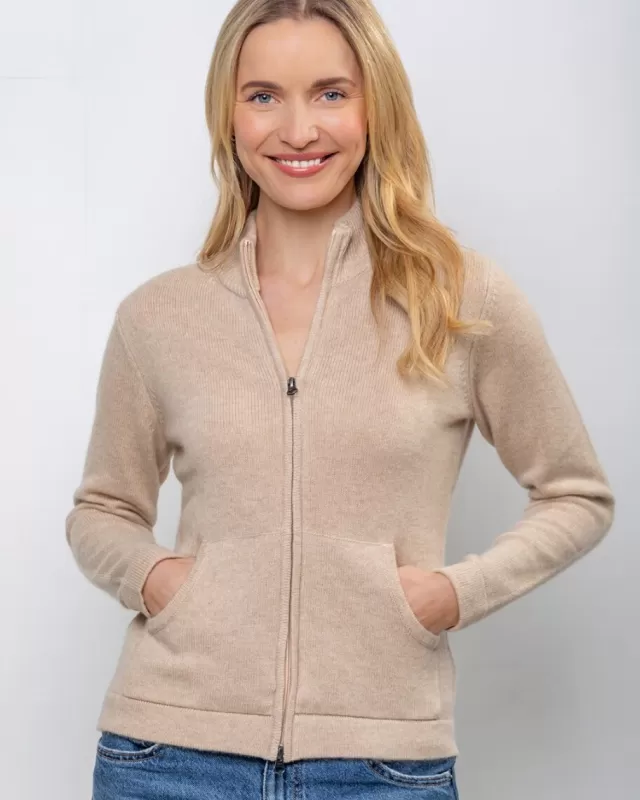 Women Sweater Shop Cashmere and Merino Full Zip Cardigan Camel