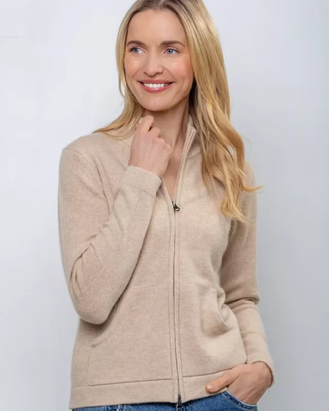 Women Sweater Shop Cashmere and Merino Full Zip Cardigan Camel