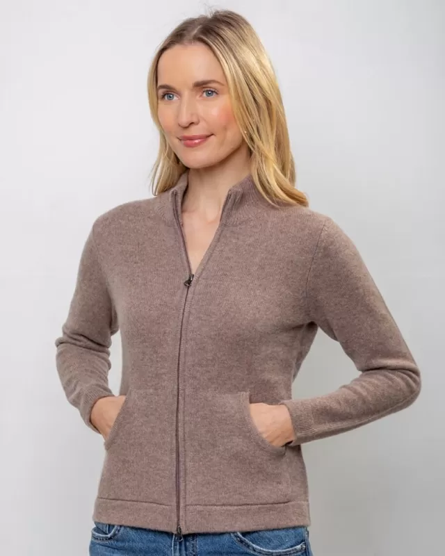 Women Sweater Shop Cashmere and Merino Full Zip Cardigan Light Brown