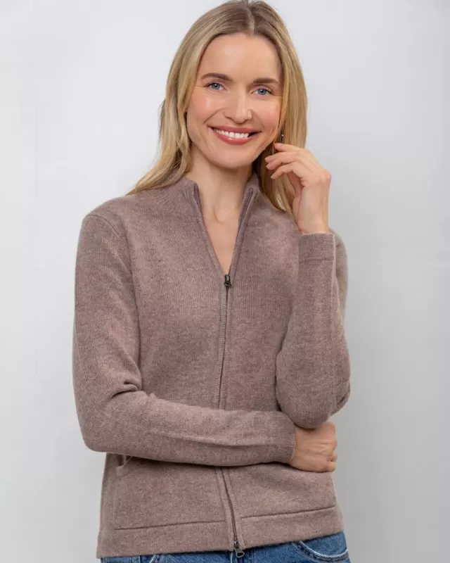 Women Sweater Shop Cashmere and Merino Full Zip Cardigan Light Brown