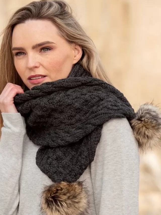 Women Sweater Shop Charcoal Pom Pom Aran Scarf